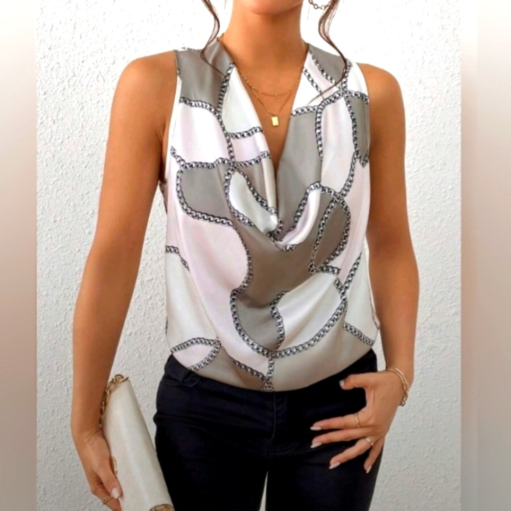 SHEIN Gray and White Sleeveless Blouse with Draped Style